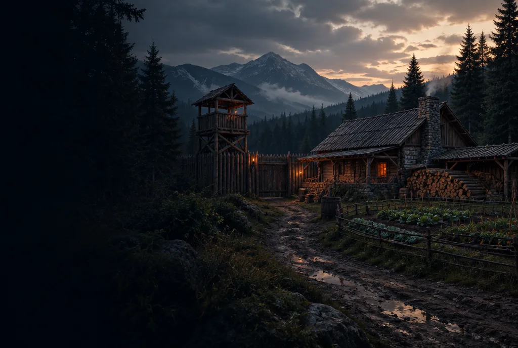 Original artwork of a fortified timber base in a pine forest.