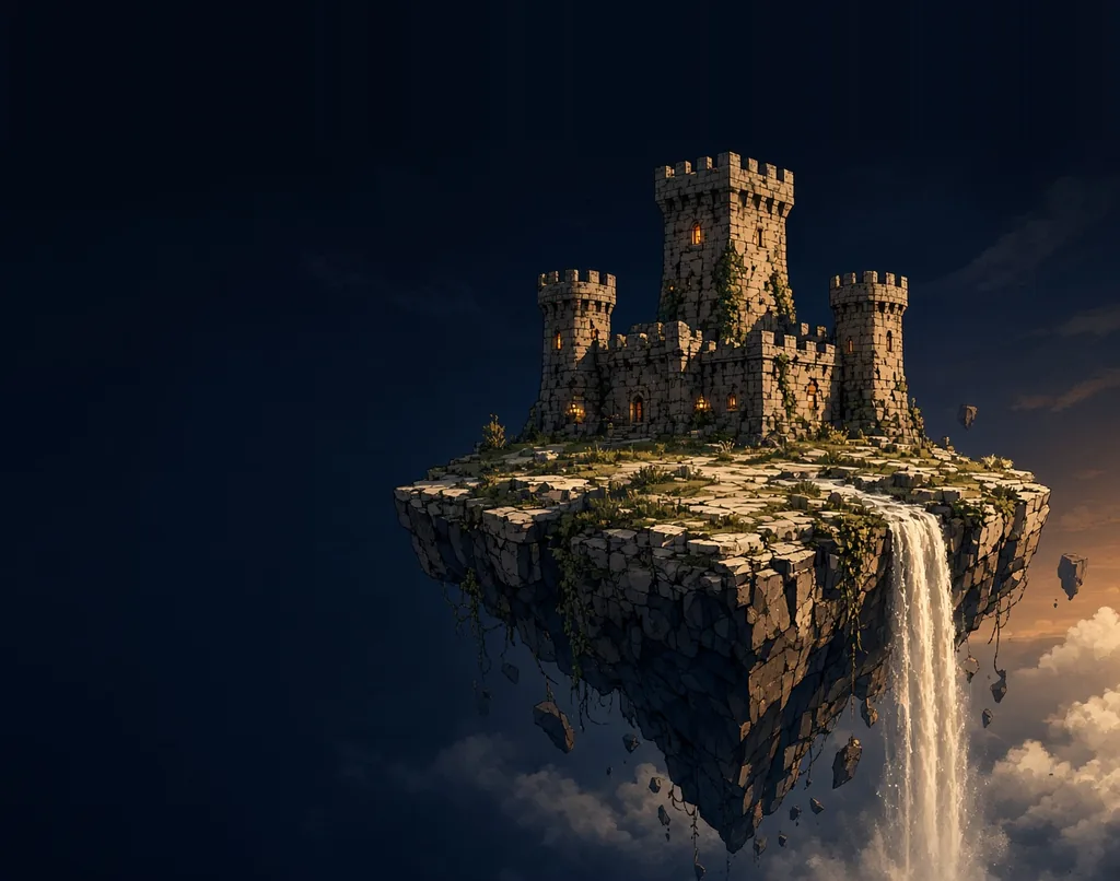 Original artwork of a castle on a floating island with a waterfall at dusk.